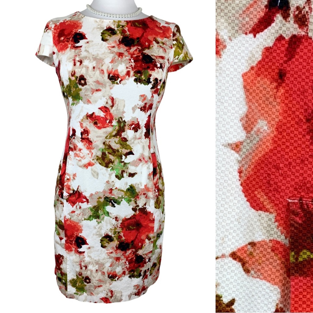 Liz Claiborne White Red Floral Boudreau Neckline Cap Sleeves Sheath Midi Dress 4 - Picture 1 of 15